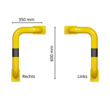 Gele stellingbescherming, 90° hoek, Ø76 mm, met zwarte strepen, op voetplaat, 350x600 mm.