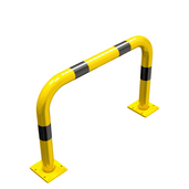 Gele en zwart gestreepte beschermbeugel Ø76 mm, 1000x650 mm, op verwijderbare voetplaat.