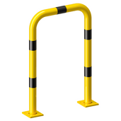 Gele en zwart gestreepte beschermbeugel Ø76 mm, 750x1150 mm, op verwijderbare voetplaten.