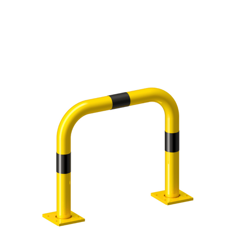 Gele en zwart gestreepte beschermbeugel Ø76 mm, 750x650 mm, op verwijderbare voetplaten.