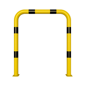 Gele en zwarte stalen beschermbeugel Ø76 mm, 1000x1150 mm, op voetplaat, zonder tussenbuis.