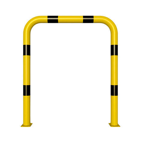 Gele en zwarte stalen beschermbeugel Ø76 mm, 1000x1150 mm, op voetplaat, zonder tussenbuis.