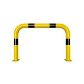 Gele en zwart gestreepte beschermbeugel Ø76 mm, 1000x650 mm, op voetplaat.