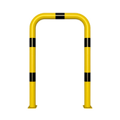 Gele en zwart gestreepte beschermbeugel Ø76 mm, 750 x 1150 mm, op voetplaat.