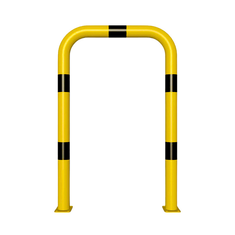 Gele en zwart gestreepte beschermbeugel Ø76 mm, 750 x 1150 mm, op voetplaat.