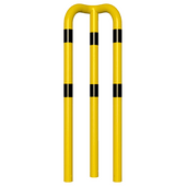 Gele en zwarte stalen hoekbeschermer Ø76 mm, 90° hoek, voor betonverankering, 1500 mm hoog.