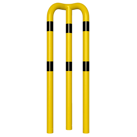 Gele en zwarte stalen hoekbeschermer Ø76 mm, 90° hoek, voor betonverankering, 1500 mm hoog.