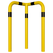 Gele en zwart gestreepte hoekbeschermer (Ø76 mm) met 90° hoek, voor verankering in beton.