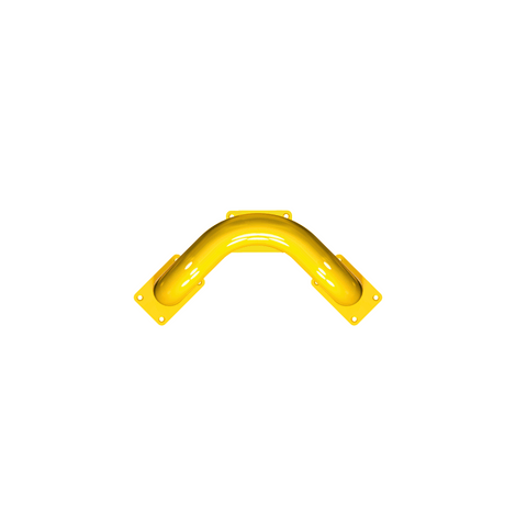 Gele hoekbeschermer Ø76 mm, 90° gebogen, met montageplaten voor betonverankering.