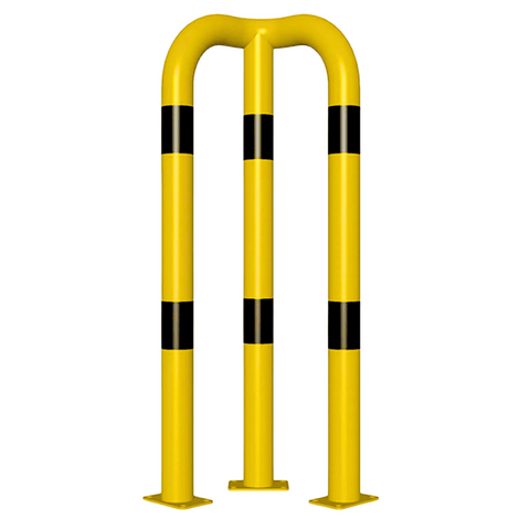 Gele en zwart gestreepte stelling bescherming, Ø76 mm, hoek 90°, op voetplaat, 1150 mm hoog.