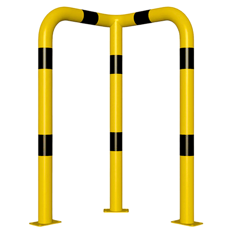 Gele en zwart gestreepte stelling bescherming, Ø76 mm, hoek 90°, op voetplaat, 1150 mm hoog.