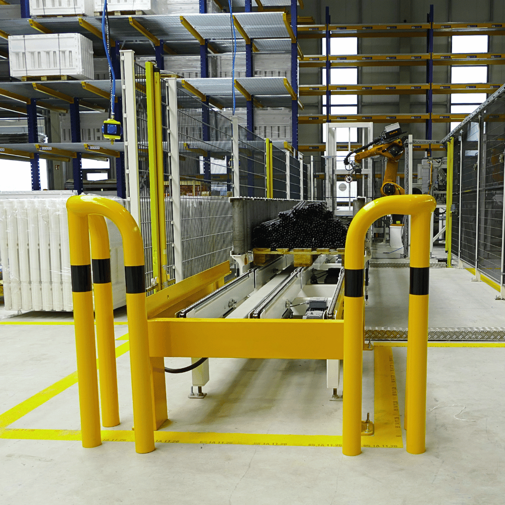 Beschermbeugel Ø76 mm | Hoek 90° | Geel-zwart | Voor verankering in beton