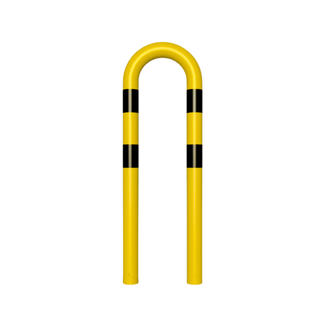 Gele en zwart gestreepte stalen beschermbeugel Ø76 mm, 400 x 1150 mm, voor betonverankering.