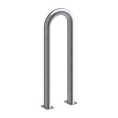 Verzinkt stalen beschermbeugel Ø76 mm, 400x1150 mm, met voetplaten, op witte achtergrond.