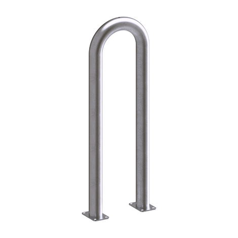 Verzinkt stalen beschermbeugel Ø76 mm, 400x1150 mm, met voetplaten, op witte achtergrond.