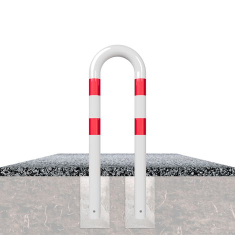 Witte U-vormige beschermbeugel Ø76 mm met rode reflecterende strepen, verankerd in beton.