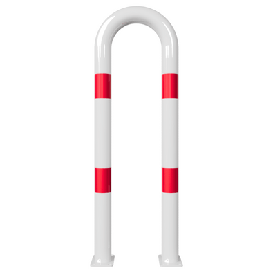 Witte en rood gestreepte beschermbeugel Ø76 mm op voetplaat, U-vormig, voor industriële beveiliging.