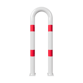 Witte U-vormige beschermbeugel Ø76 mm met rode reflecterende banden, 400x1150 mm, op voetplaat.