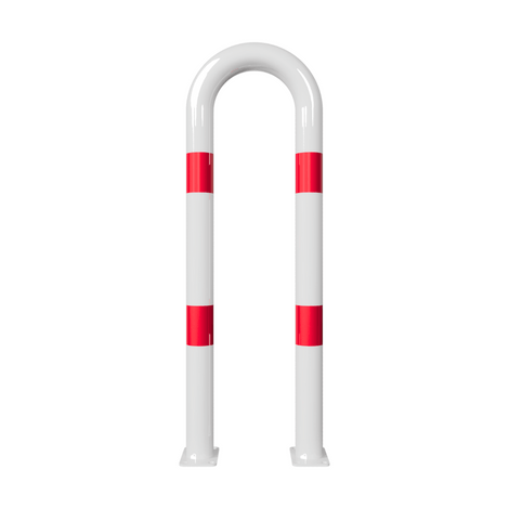 Witte U-vormige beschermbeugel Ø76 mm met rode reflecterende banden, 400x1150 mm, op voetplaat.