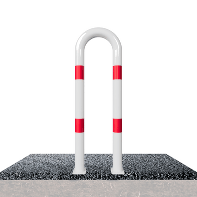 Witte en rood gestreepte beschermbeugel Ø76 mm op voetplaat, staand op een donkere ondergrond.
