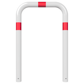Witte beschermbeugel Ø76 mm met rode reflecterende strepen, voor verankering in beton.