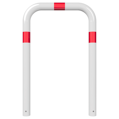 Witte beschermbeugel Ø76 mm met rode reflecterende strepen, voor verankering in beton.