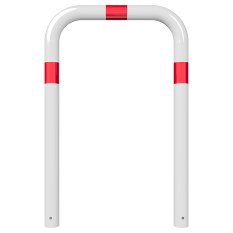 Witte beschermbeugel Ø76 mm met rode reflecterende strepen, voor verankering in beton.