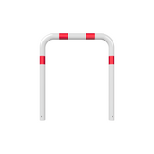 Witte stalen beschermbeugel Ø76 mm met rode reflecterende strepen, voor betonverankering, 1000x1000 mm.