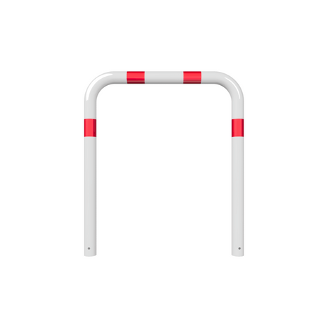 Witte stalen beschermbeugel Ø76 mm met rode reflecterende strepen, voor betonverankering, 1000x1000 mm.