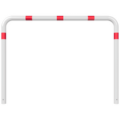 Witte beschermbeugel Ø76 mm met rode reflecterende strepen, 2000x1500 mm, voor betonverankering.