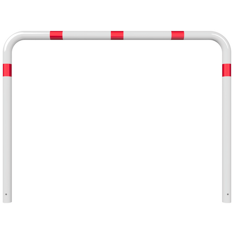 Witte beschermbeugel Ø76 mm met rode reflecterende strepen, 2000x1500 mm, voor betonverankering.