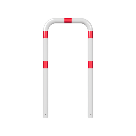 Witte beschermbeugel Ø76 mm met rode reflecterende banden, 750 x 1500 mm, voor betonverankering.