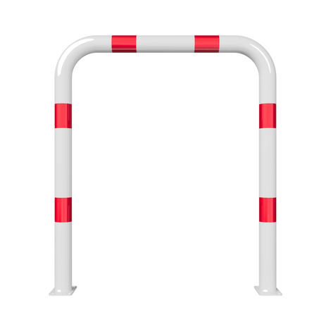 Witte beschermbeugel Ø76 mm met rode reflecterende strepen, op voetplaat, 1000 x 1150 mm.