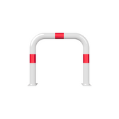 Witte-rode beschermbeugel Ø76 mm, 750x650 mm, op voetplaat, zonder tussenbuis.