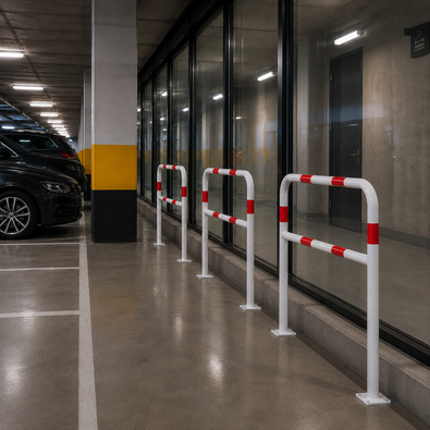 Witte-rode beschermbeugel Ø48 mm met tussenbuis et voetplaat gemonteerd met 3 op rij naast een glazen wand