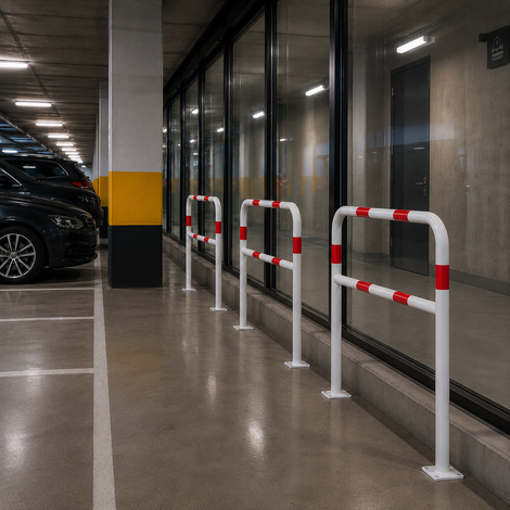 Witte-rode beschermbeugel Ø48 mm met tussenbuis et voetplaat gemonteerd met 3 op rij naast een glazen wand
