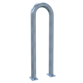 Verzinkt stalen beschermbeugel Ø76 mm, 400x1150 mm, met voetplaten, op witte achtergrond.