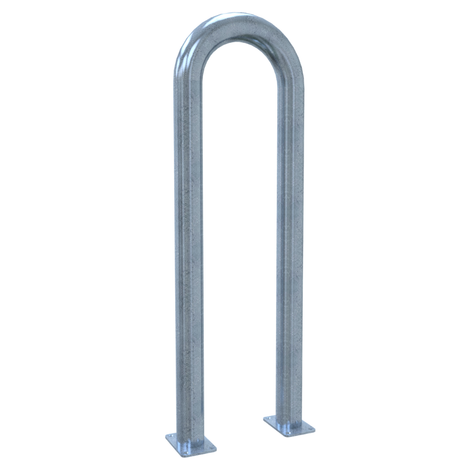 Verzinkt stalen beschermbeugel Ø76 mm, 400x1150 mm, met voetplaten, op witte achtergrond.