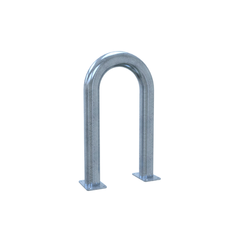 Verzinkt stalen beschermbeugel Ø76 mm, 400x650 mm, met voetplaten, op witte achtergrond.