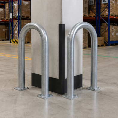 Beschermbeugel 76 mm rond verzinkt op voetplaat bij magazijnkolom