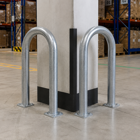 Beschermbeugel 76 mm rond verzinkt op voetplaat bij magazijnkolom