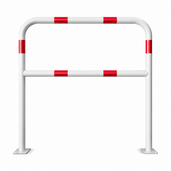 Witte beschermbeugel Ø48 mm met rood-witte markering, op voetplaat en met tussenbuis.