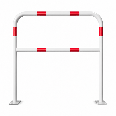 Witte beschermbeugel Ø48 mm met rood-witte markering, op voetplaat en met tussenbuis.