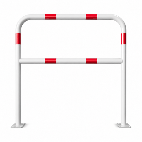 Witte beschermbeugel Ø48 mm met rood-witte markering, op voetplaat en met tussenbuis.