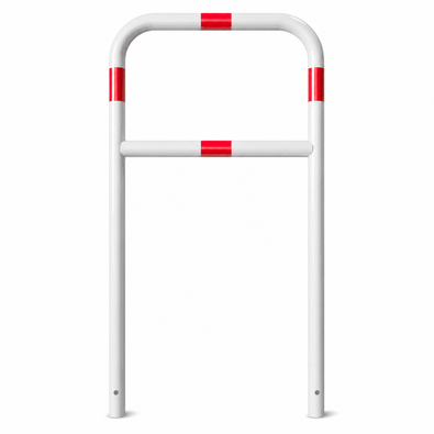 Witte beschermbeugel Ø48 mm met rode reflecterende strepen en tussenbuis, voor betonverankering.