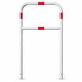 Witte beschermbeugel Ø48 mm met rode reflecterende strepen en tussenbuis, voor betonverankering.