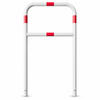 Witte beschermbeugel Ø48 mm met rode reflecterende strepen en tussenbuis, voor betonverankering.