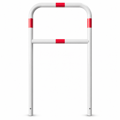 Witte beschermbeugel Ø48 mm met rode reflecterende strepen en tussenbuis, voor betonverankering.