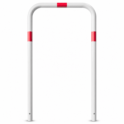 Witte beschermbeugel Ø48 mm met rode reflecterende banden, voor verankering in beton.