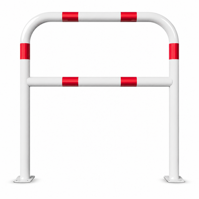 Witte beschermbeugel Ø60 mm met rood-witte reflecterende strepen, op voetplaat, met tussenbuis.